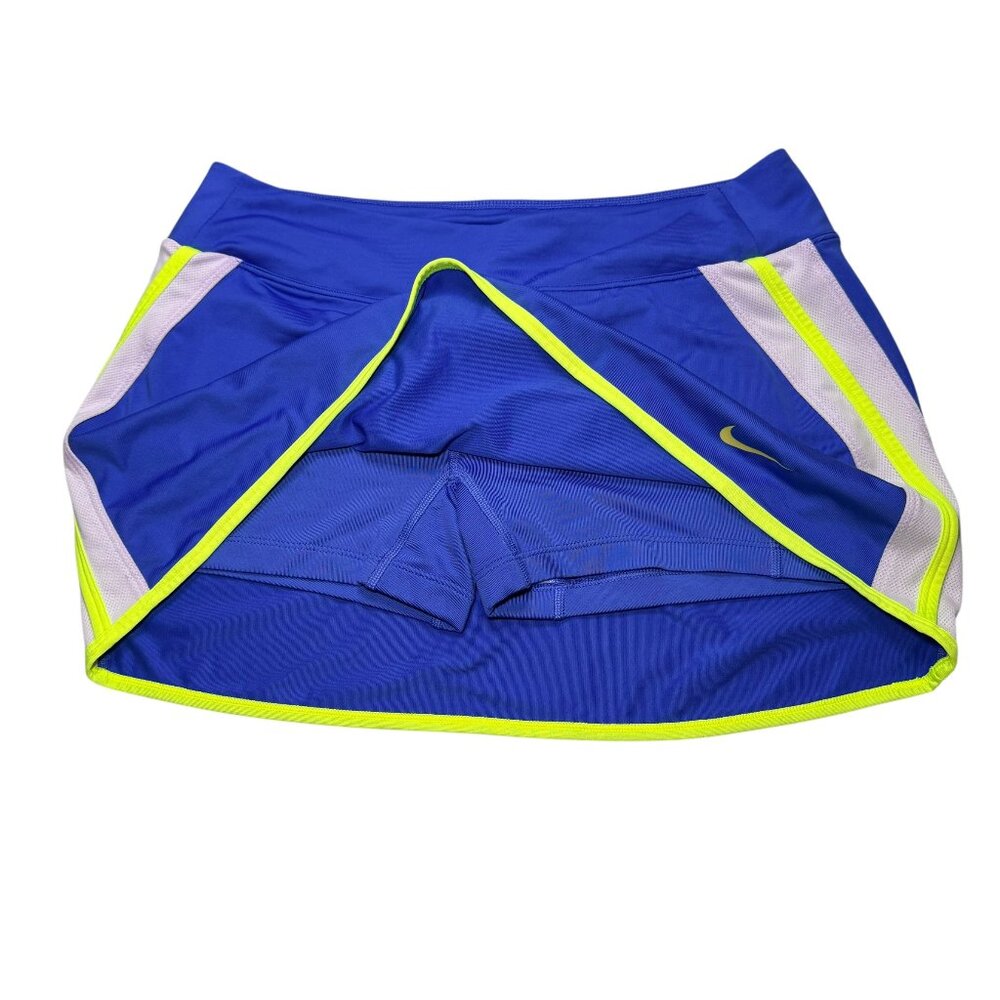 Nike Dri-Fit Tennis Skirt Skort Royal Blue Neon Volt Yellow Mesh Trim Size L - Picture 4 of 9